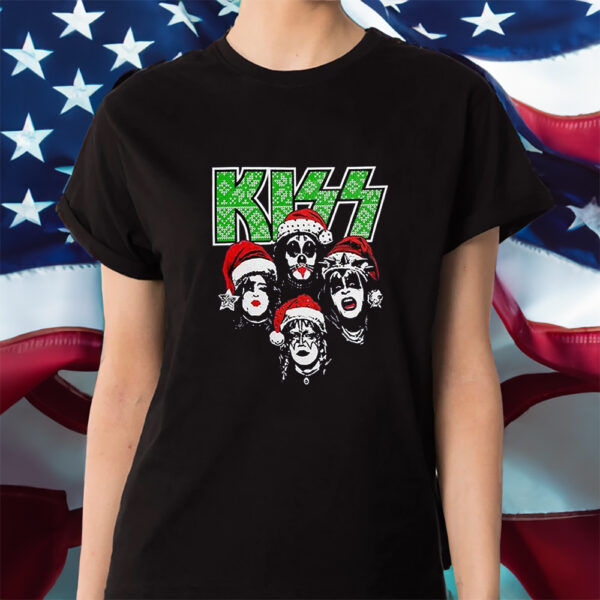 Kiss Debut Album Cover With Santa Hats Kissmas Green Logo Christmas Shirt