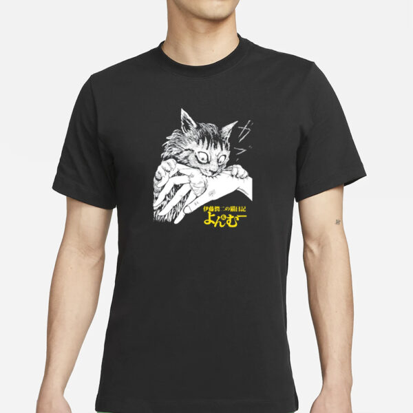 Zade Wearing Junji Ito's Cat Diary Yon & Mu Cat Bite T-Shirts